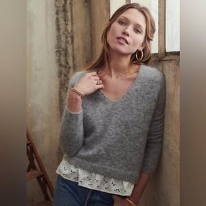 SEZANE Gray kid mohair wool jumper lace trim sweater size S EUC